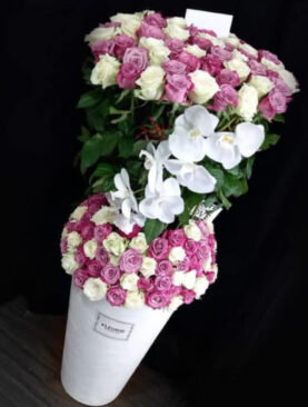 White pot - white & purple ROSES